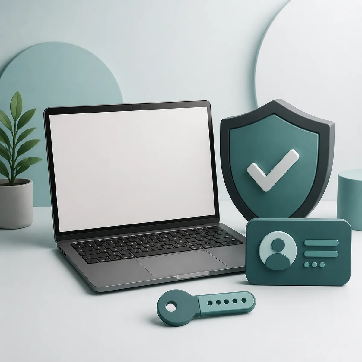Illustration of a laptop, security shield, account card and license key for a Kaspersky activation guide