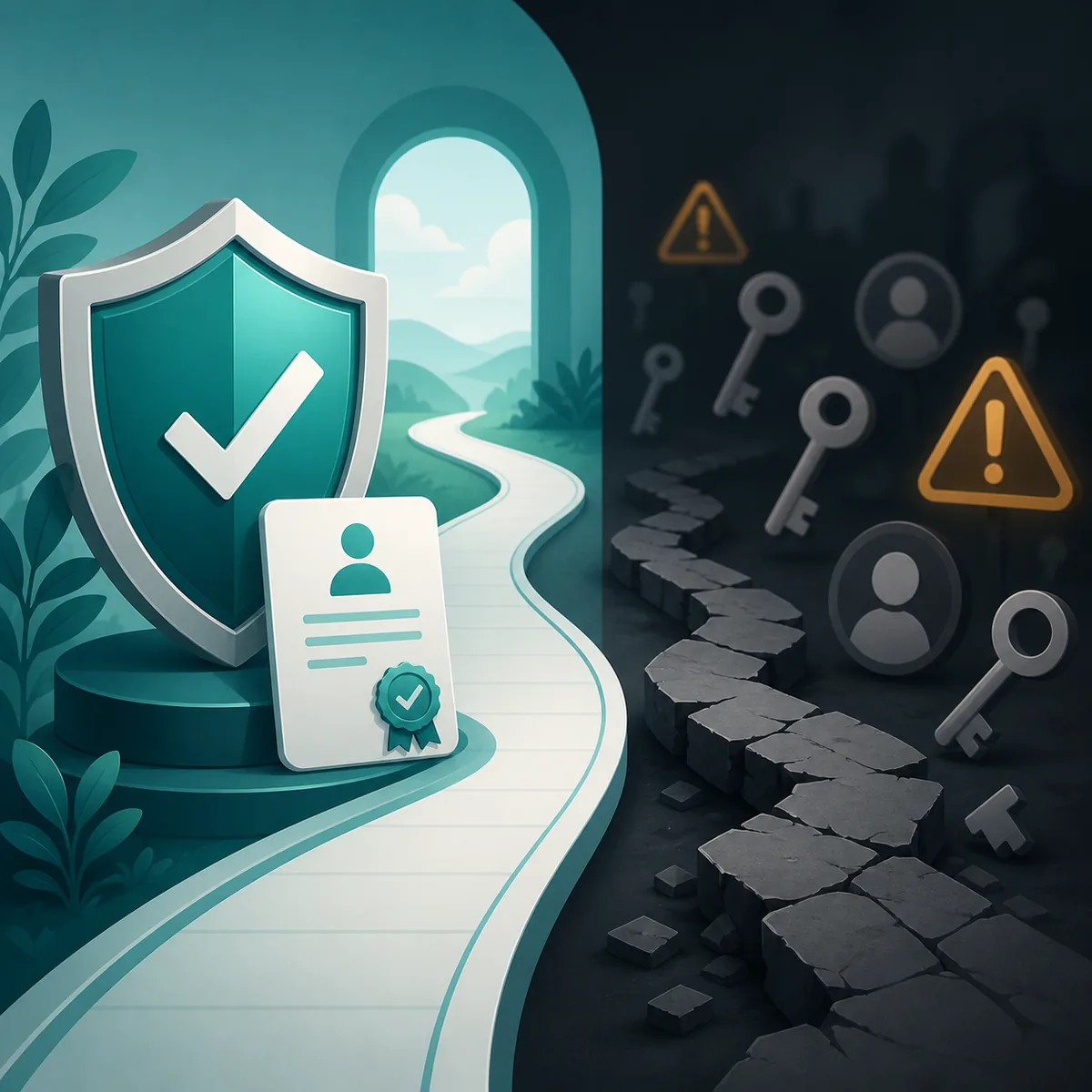 Illustration comparing a verified support path with a broken path of anonymous keys and warnings