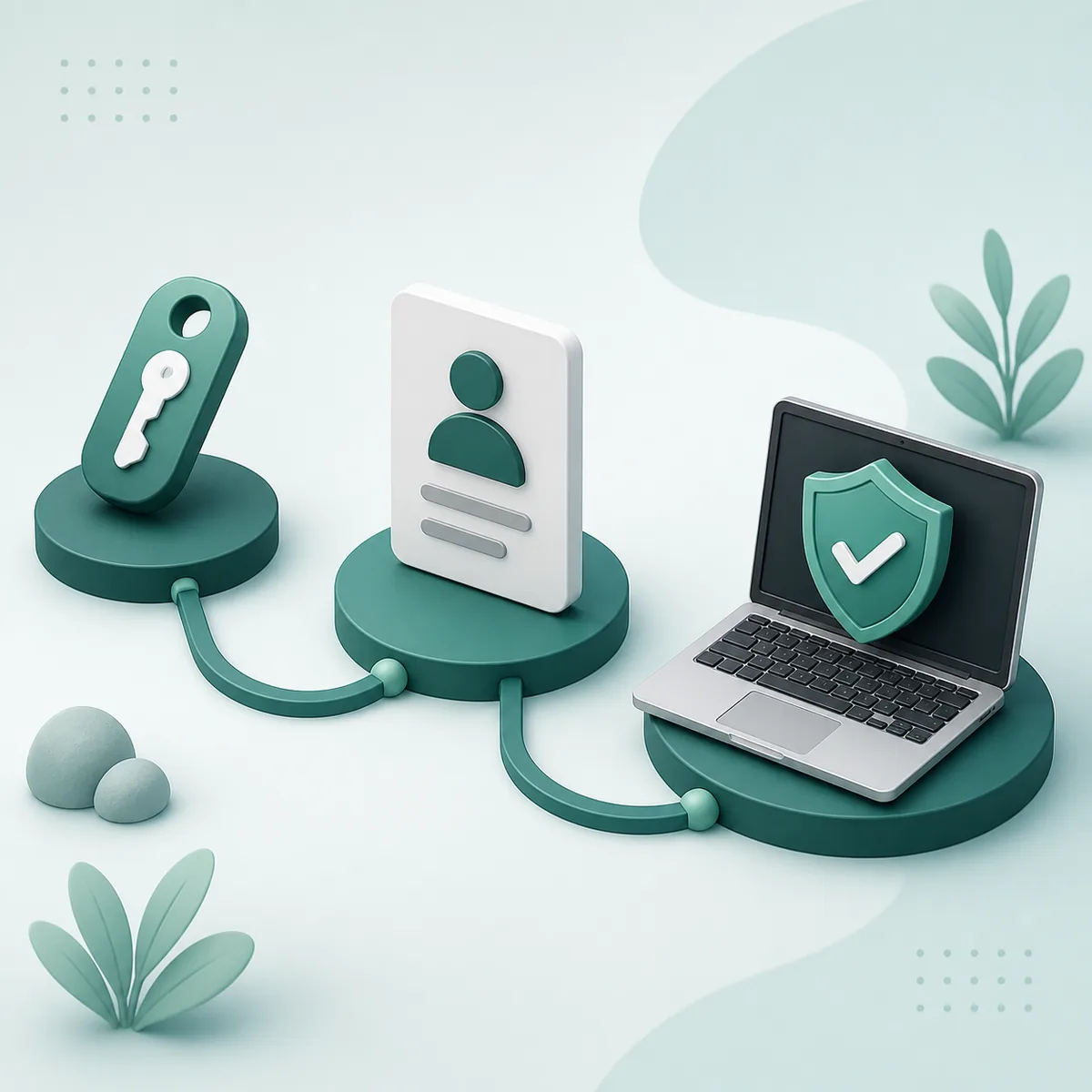Illustration of a license key moving through an account card to a protected laptop