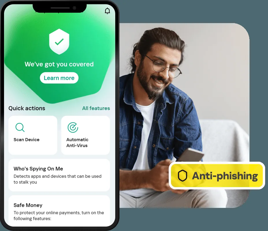 Official Kaspersky Android app screen highlighting anti-phishing and quick actions