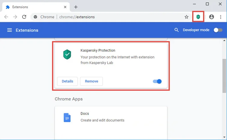 Official Chrome extensions manager showing Kaspersky Protection enabled