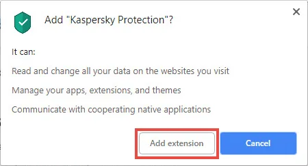 Official Chrome permission dialog for adding Kaspersky Protection