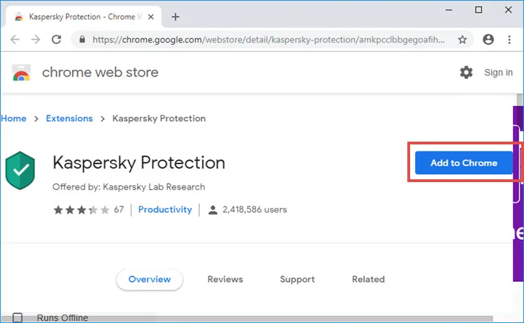 Official Kaspersky Protection Chrome Web Store listing with the Add to Chrome control