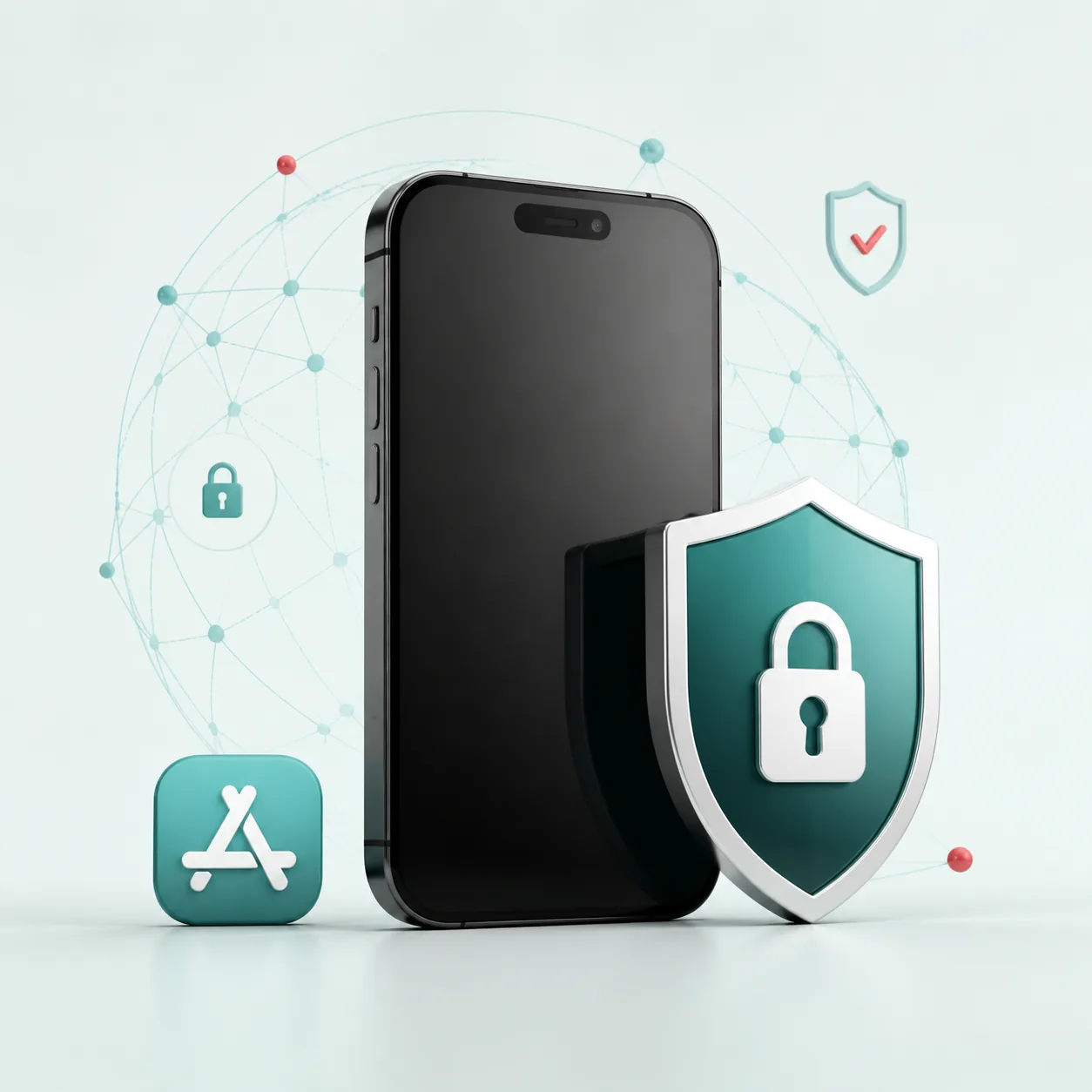 Editorial illustration of an iPhone, an App Store symbol and a security shield