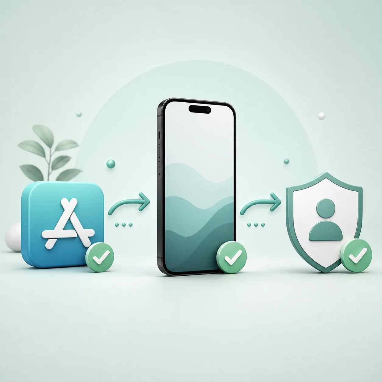 Editorial illustration showing an App Store route, an iPhone and an account shield