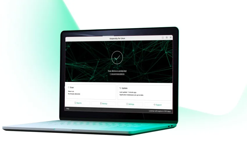 Official Kaspersky for Linux interface shown on a Linux laptop